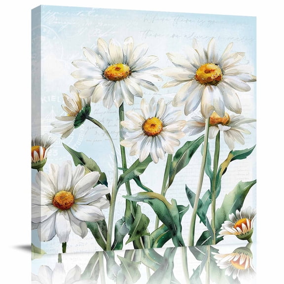 Watercolor Blossom White Daisy Floral Canvas Artwork Painting Art, Garden Flower Green Leaves Square Framed Wall Decorations Prints Picture for Bedroom Kitchen Living Room, 16x16 in