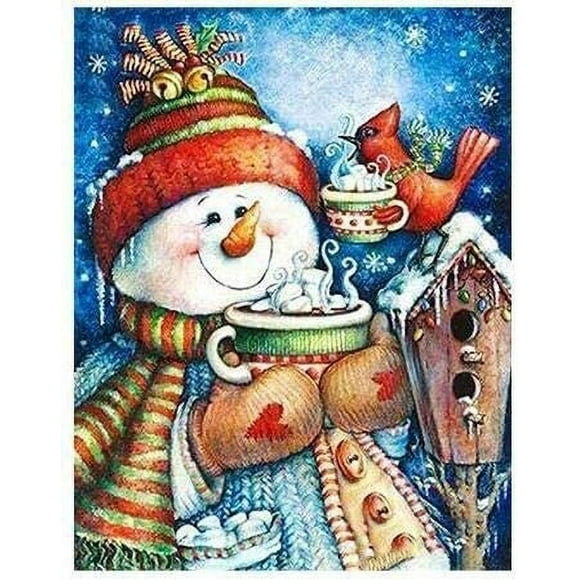 Queilt Diamond Art Painting Kit Christmas Snowman Diamond Art Kits for Adults Snowman Diamond Picture Art Kit, Tea Time Snowman