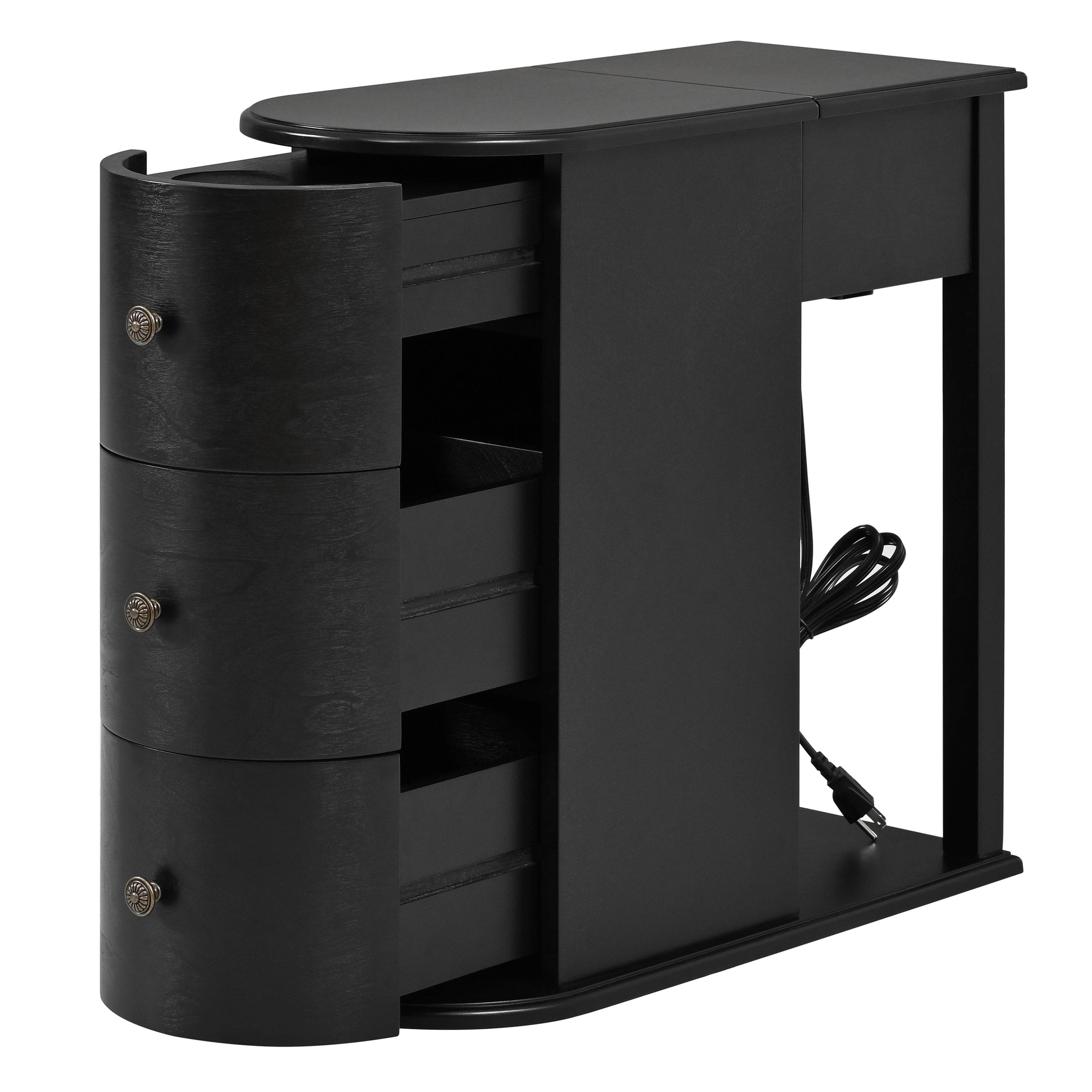Modern End Table with Hidden Cup Holder Drawer, Charging Station & Pull-Out Side Table, Wooden Bedside Table with 2 Storage Drawers, Space Saving End Table for Bedroom & Living Room