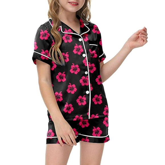 Sunnyoo Pajamas for Girls Floral Satin Nightwear Sleepwear, 2-Piece, Sizes 2-13T