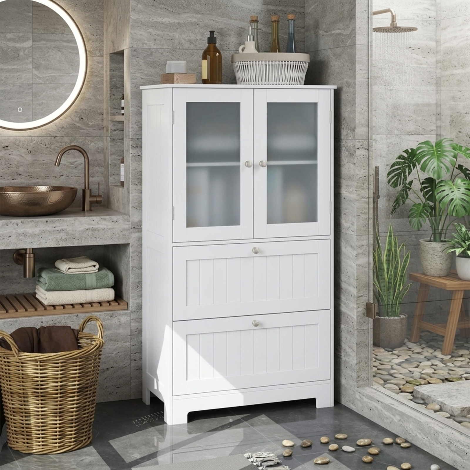Vebreda Freestanding Bathroom Storage Cabinet, Bathroom Floor Storage Cabinet Freestanding Cupboard Pantry with 2 Drawers and 2 Frosted Glass