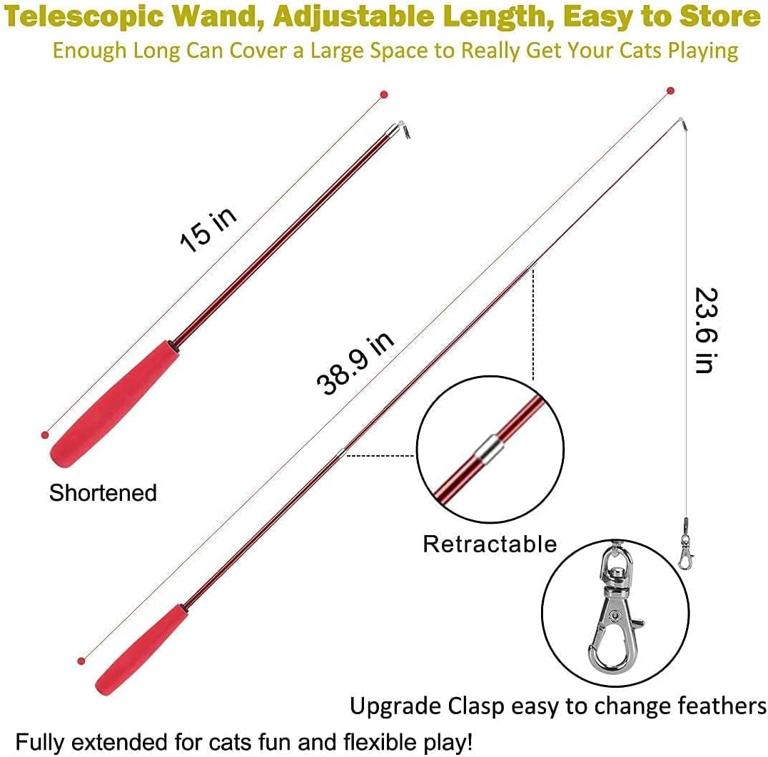 Retractable Cat Feather Wand Toys Pack and 10PCS Squiggly Worm Replacement Refills, Interactive Cat Toys for Indoor Cats Kitten Playing Chase and Exercise Playing, Total 24PCS