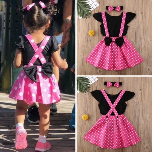 Cute Toddler Baby Girl Clothes Romper+Strap Dress+Hairbow Outfits Mickey Costume