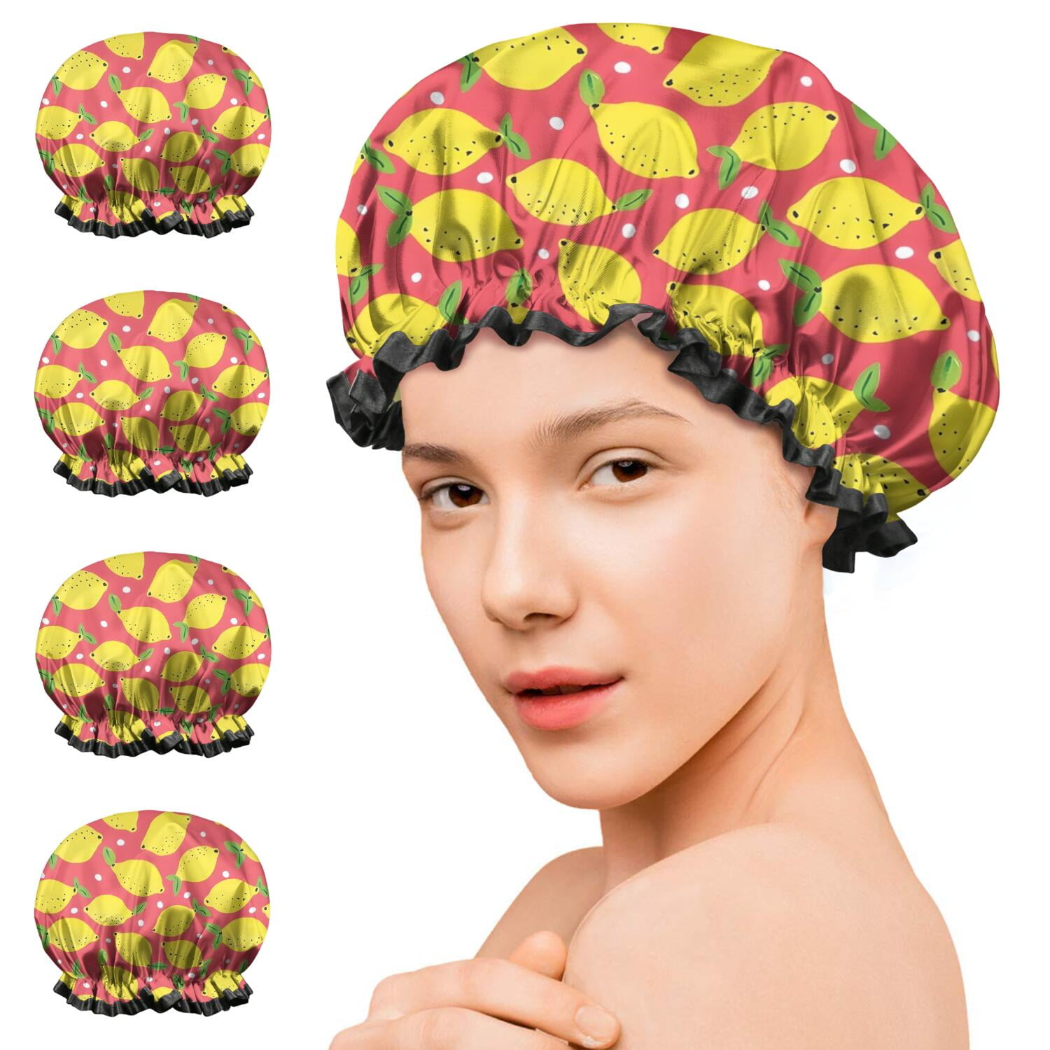 Shower Caps,Yellow Lemon Fruit Dots Red Pattern Waterproof Shower Cap for Women 4 Pieces,Double Reusable Hair Cover for Shower PEVA Elastic Stretch Hem