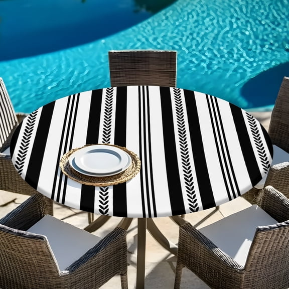 Modern Black Minimalist Stripe Round Fitted Tablecloth with Elastic Edge,Waterproof Table Cloth Fits Tables Up to 45"-54",Wipeable Table Cover for Indoor Outdoor Dinning Party,Rustic Leaf Line Theme