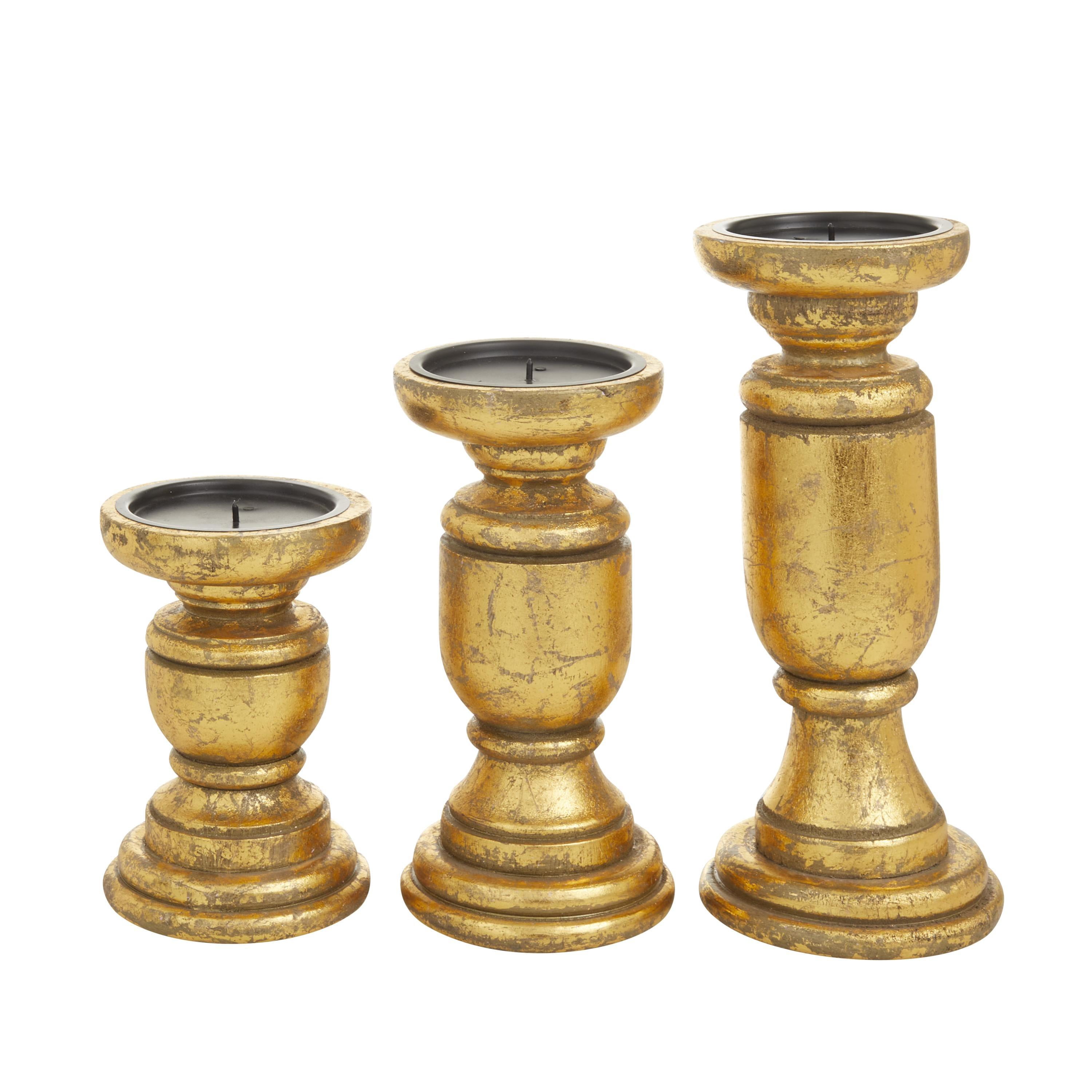 DecMode 3 Candle Gold Mango Wood Turned Style Pillar Candle Holder, Set of 3