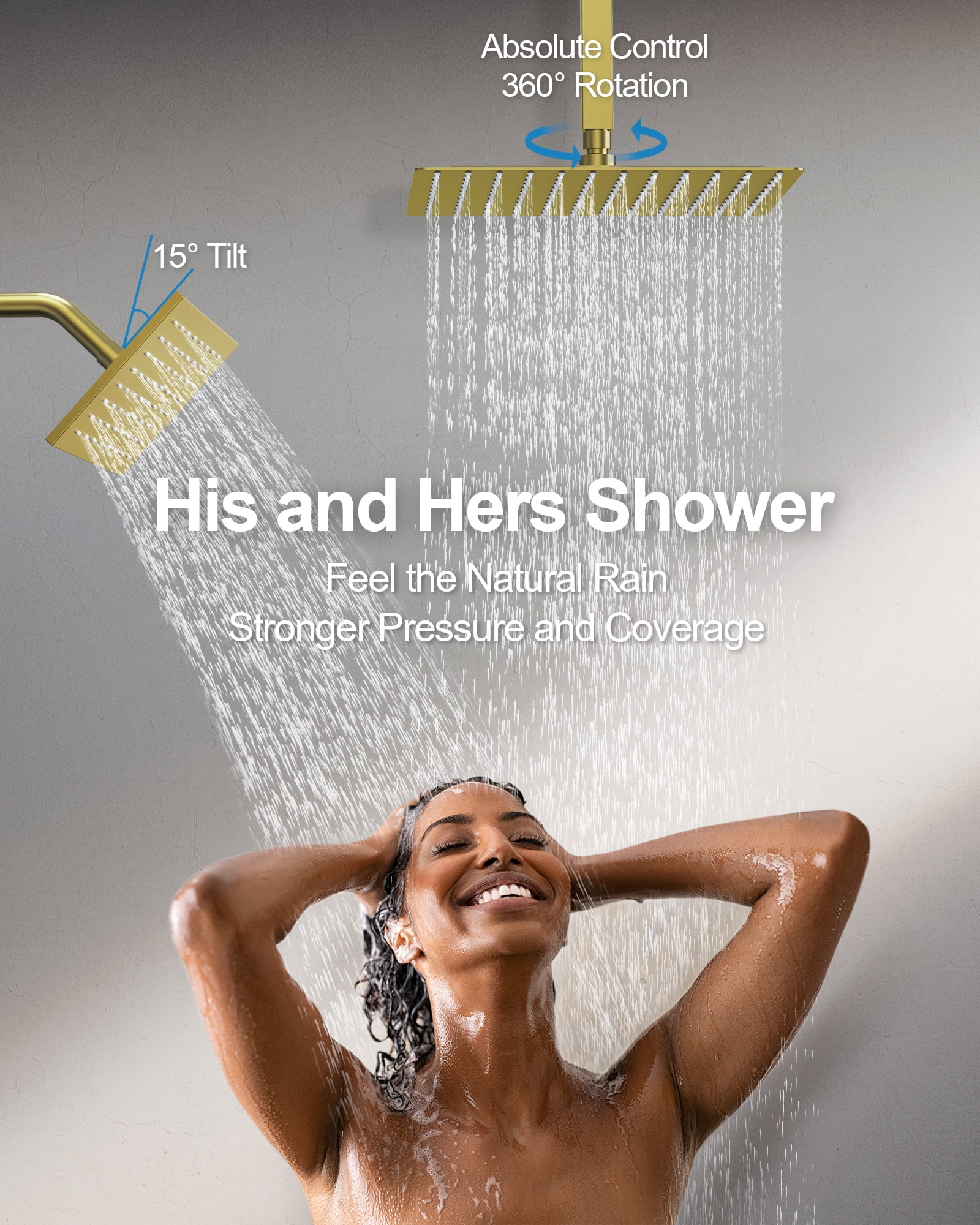 DOMETOUR Shower System Dual Rainfall Shower Heads with Handheld Sprayer for Ceiling Mount & Wall Mount 12’’6’’, Gold