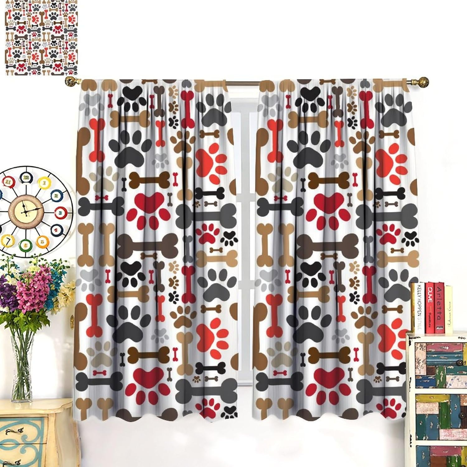 Dog Bohemia Curtains Boho Cartoon Dog Bone Dog Paw Prints Children''s Room Decor Rod Pocket Blackout Window Treatment for Kids Girls Bedroom Kitchen Decor Art Printed Window Drapes 42x54in