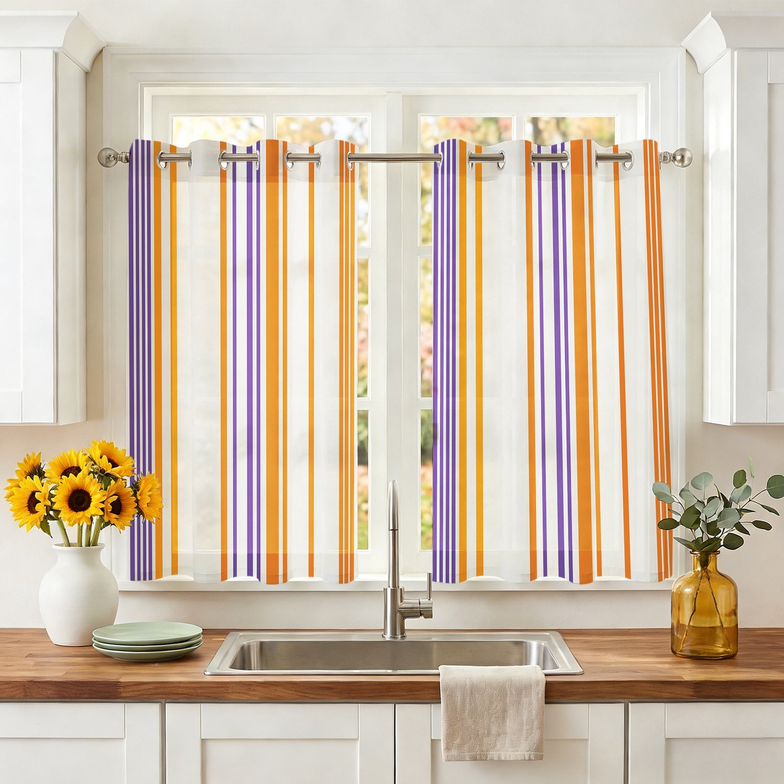 Basics Patterned Sheer Curtains 39 Inch Long 2 Panels, Watercolor Rectangle Colorful Stripes Light Filtering Semi Sheer Drapes Grommet Voile Window Curtain for Living Bedroom W27.9 x L39