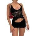 thumbnail image 3 of Women Tops Skirt Suit, Sleeveless Off Shoulder Hanging Neck Lace Crop Vest + Wrapped Solid Color Short Skirt Outfit, 3 of 7