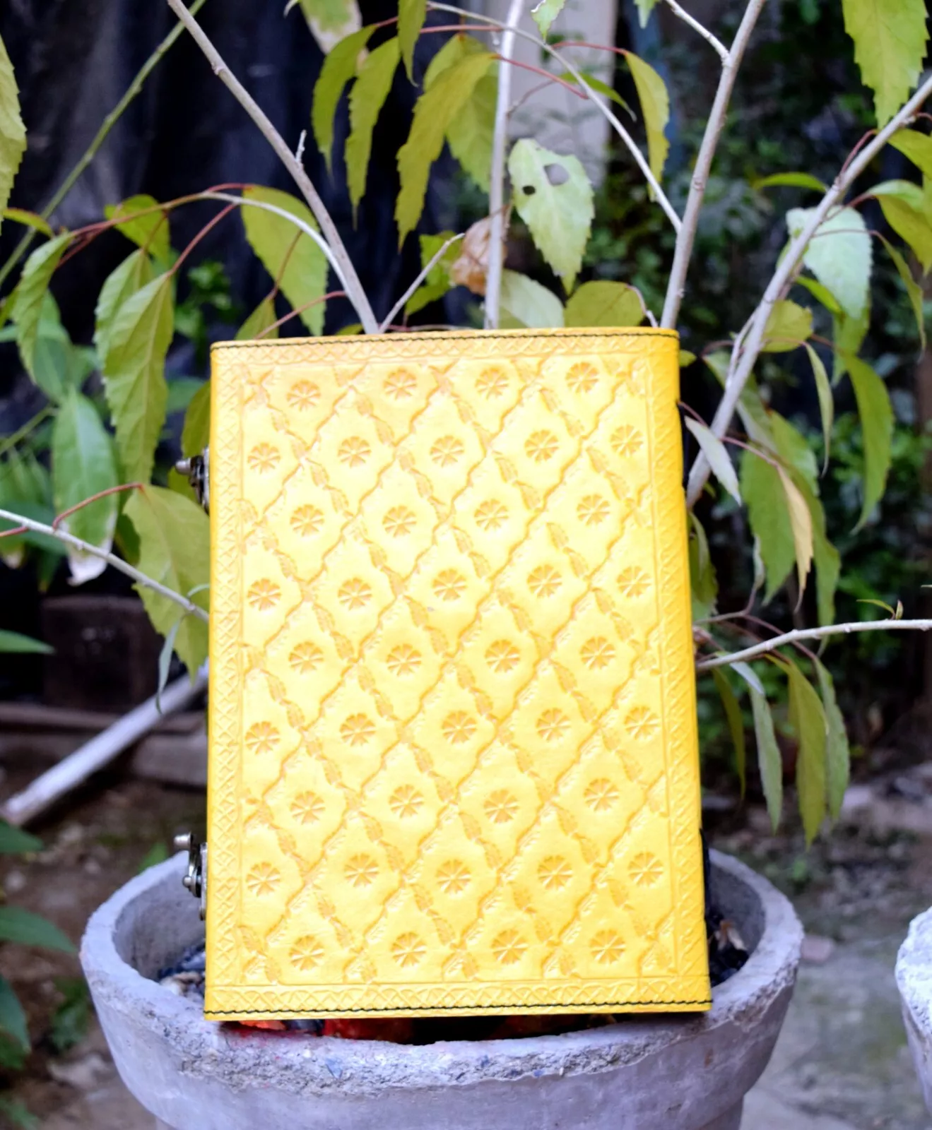 Handcrafted Embossed Design Vintage Leather Bound Journal Seven Stone Grimoire Yellow Diary Blank Notebook For Men & Women