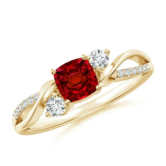 ANGARA Nature Inspired Cushion Lab Grown Ruby Twisted Vine Engagement Ring for Women in 14K Yellow Gold (Size-5mm) | July Birthstone, Anniversary, Jewelry Gift for Women | Lab-Grown Ruby Ring