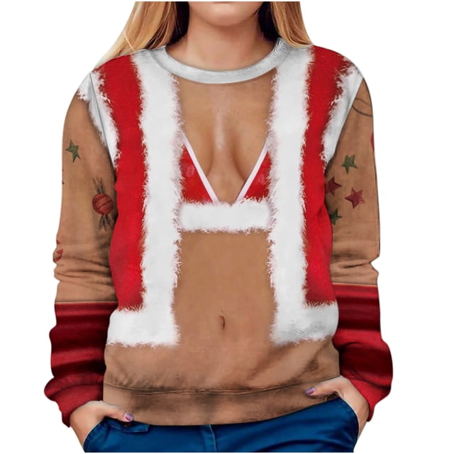Camisas divertidas de Navidad para mujer, sudadera ligera de cuello redondo con estampado Digital, Tops cómodos Pompotops gfhjh14798