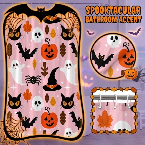 Halloween Shower Curtain, Pink and Black Shower Curtain, Fall Bathroom Shower Curtain, Cute Ghost Decor, 71X59 Inch Pink Halloween Bathroom Curtain with Black Cat, Pumpkin, Bat,