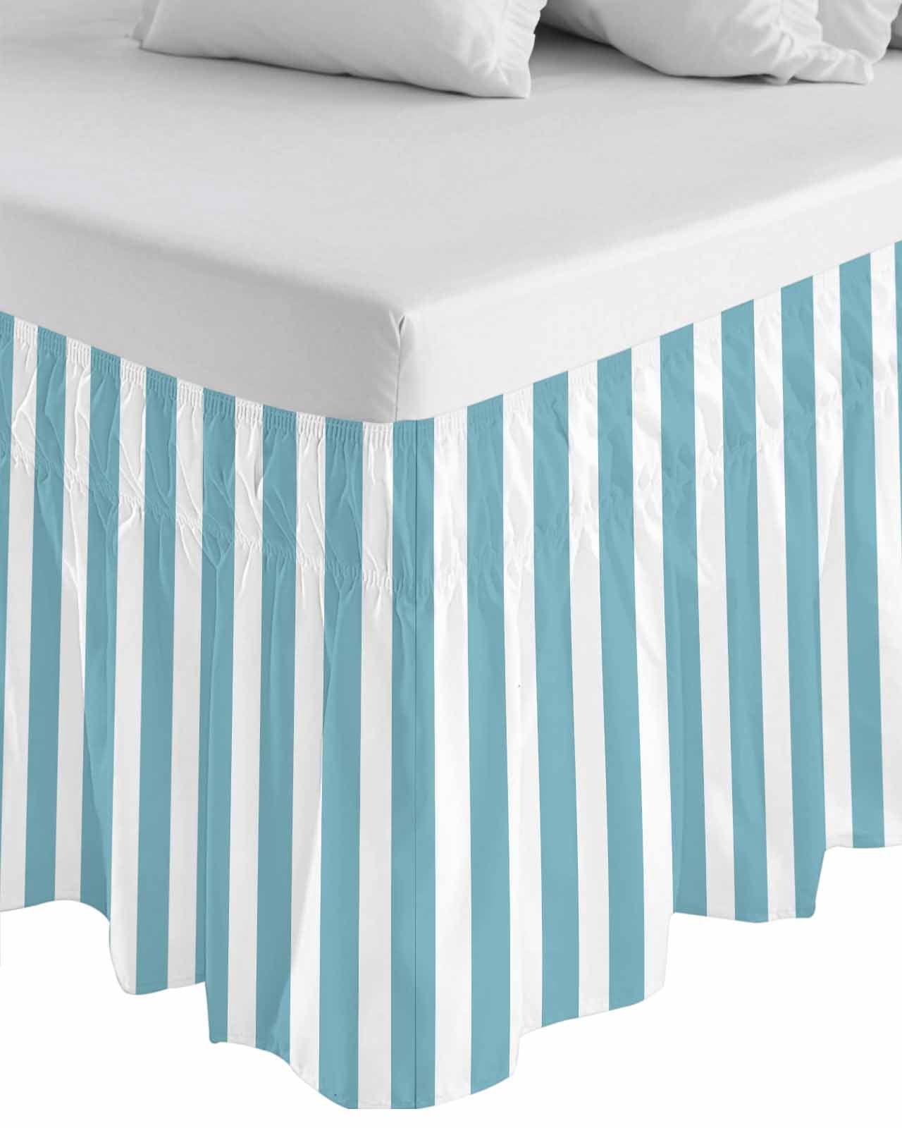 Aqua Striped Bed Skirt King Size, Modern Farmhouse Blue White Stripes Wrap Around Bed Skirting with Adjustable Elastic Strap, Dust Ruffled Pleated Bedskirts 18 Inch Drop for Bedroom King Beds