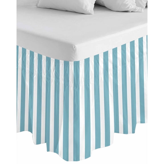 Aqua Striped Wrap Around Bed Skirts for California King Bed 16" Drop,Bed Skirt with Adjustable Elastic Belt Dust Ruffle Bed Valance for Bedroom Modern Farmhouse Blue White Stripes Bed Frame Cover