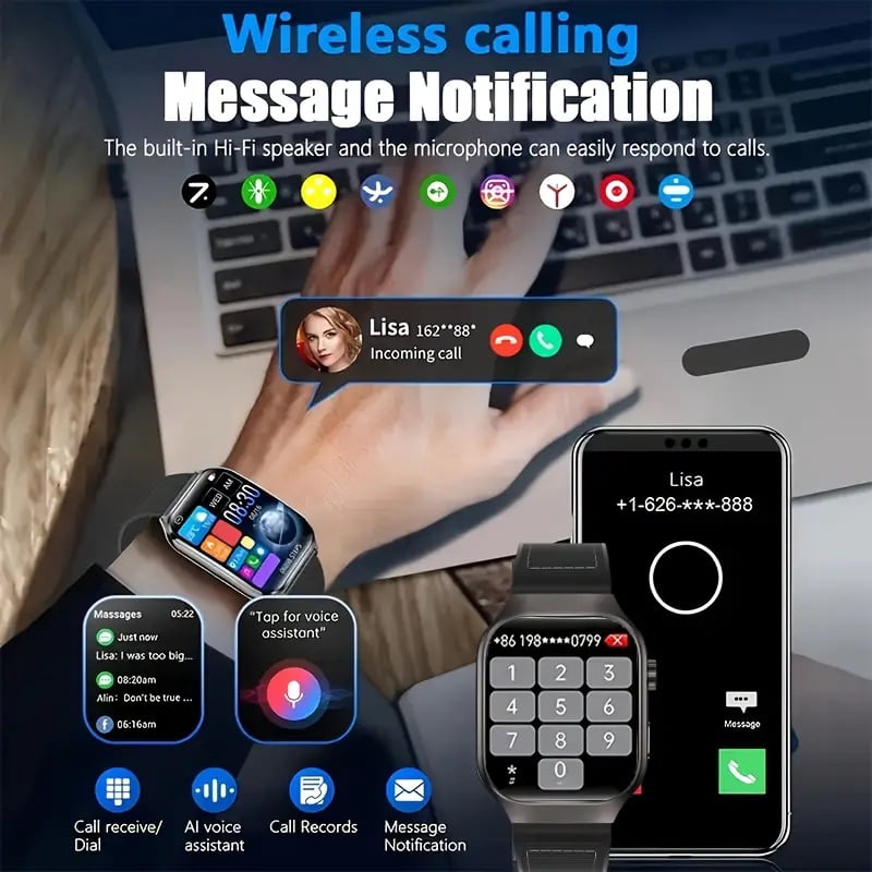 HD Smartwatch with Sports Modes, Music/Calls, Alloy Case, Silicone Strap, Rechargeable Battery, Compatible with iPhone & Android