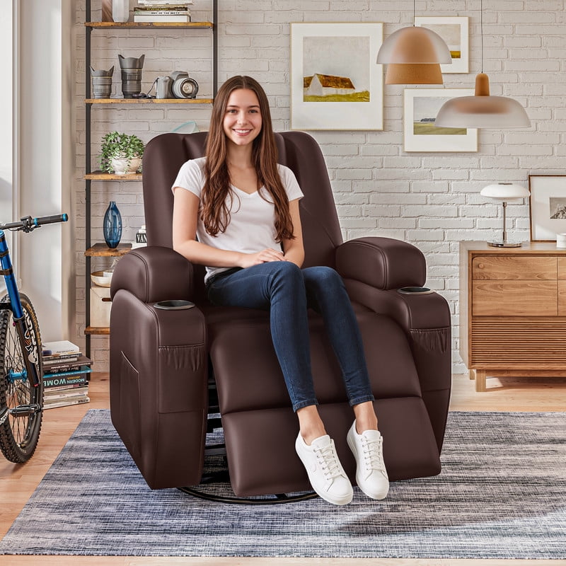 Vineego 360° Swivel Recliner Oversized Massage Rocking Chair Nursery Chair Power Living Room Furniture With Two Cup Holder,PU Brwon
