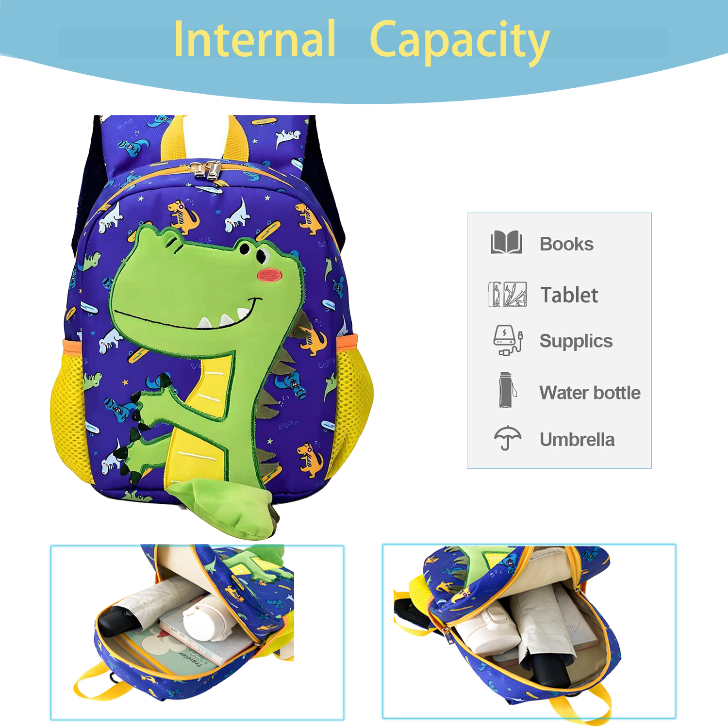 Mochilas para niños pequeños de 2 a 4 años, para escuela, lindas, para kindergarten y preescolar, con estampado de dinosaurio (azul) 6