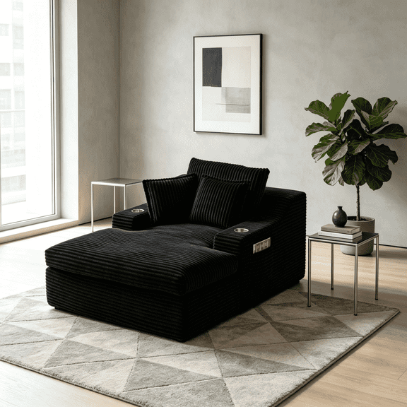 Oversized Chaise Lounge Chair Indoor, 67'' Upholstered Sleeper Sofa Bed with Cup Holders & 3 Pillows, Corduroy Fabric, Black