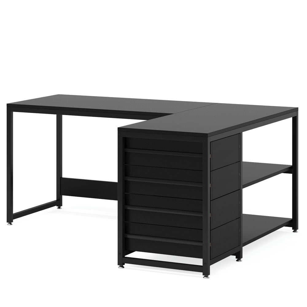 Spaco 59" L-Shaped Desk, Reversible Corner Desk with Drawers & Shelves, Desk for Indoor as Home, Office, Black