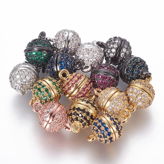 Brass Micro Pave Cubic Zirconia Magnetic Clasps with Loops Round Mixed Color 12.5x8mm Hole: 1mm