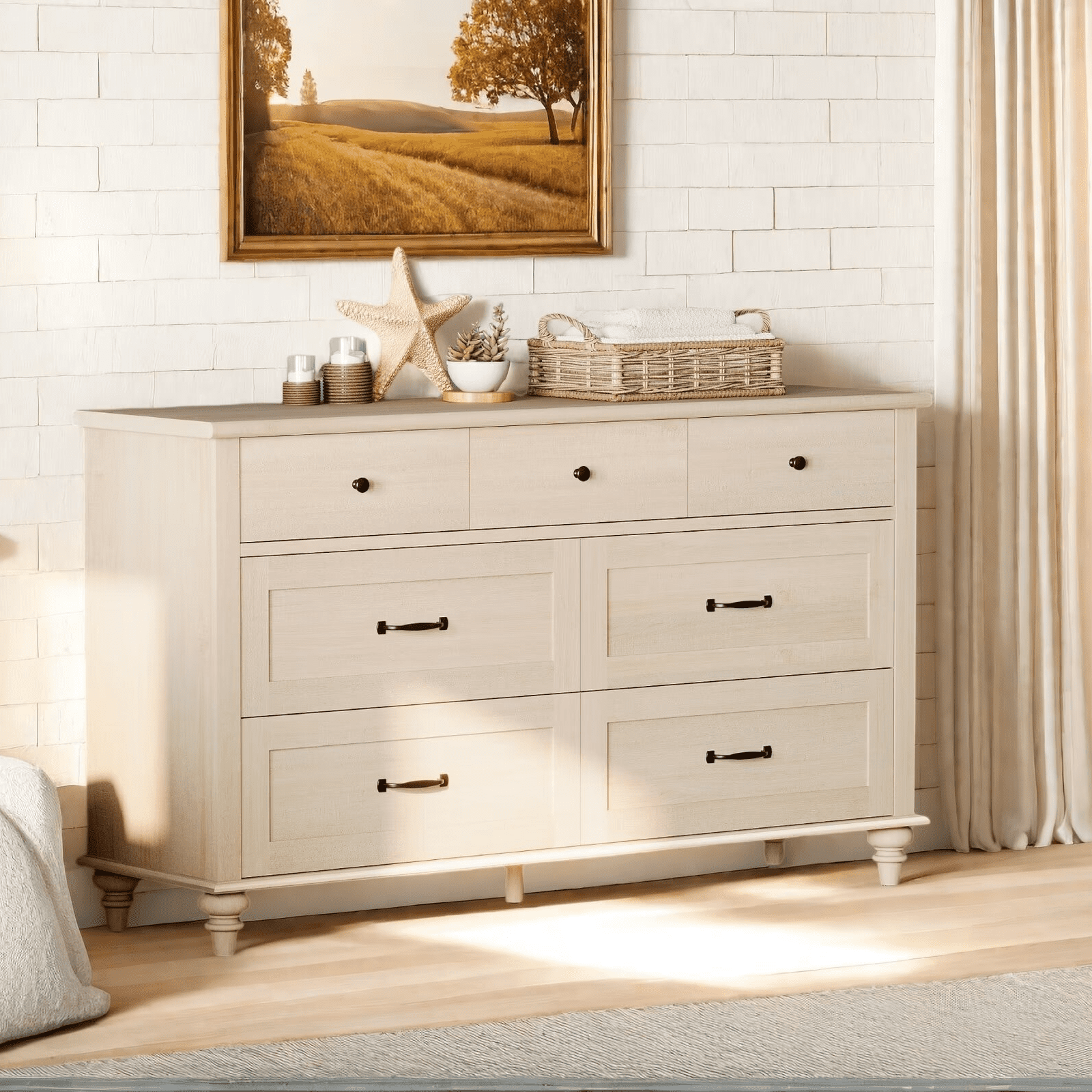 Farmhouse Dresser with 7 Drawers, Wooden Kids Dresser for Kids Room Living Room, Light Oak