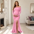 thumbnail image 6 of Jamicy Maternity Maxi Dress Long Sleeve Solid Color Mesh Split Hem Off Shoulder Pregnancy Photography Gown for Baby Shower Photoshoot Party, 6 of 7