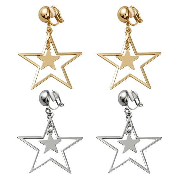 4Pcs 2 Colors Star Ear Clip Star Dangle Drop Earrings Non Piercing Ear Clip Earrings Dangle Style Hollow Earring Trendy Christmas Party Jewelry Gifts for Women Platinum & Golden