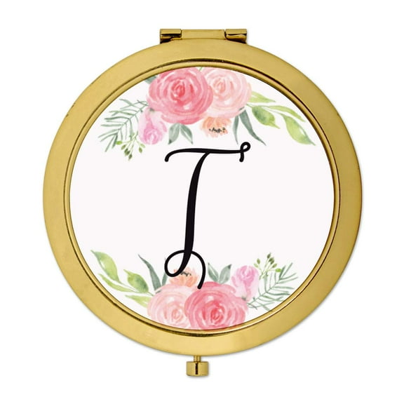 Koyal Wholesale Compact Mirror Bridesmaid's Wedding Gift, Gold, Monogram Letter T, Peach and Pink Roses, 1-Pack