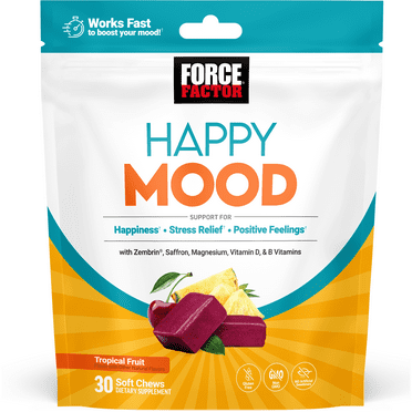 Force Factor Happy Mood, Mood Support Supplement with Magnesium, Vitamin D & Saffron to Promote Calm & Relaxation, Tropical Fruit, 30 Soft Chews