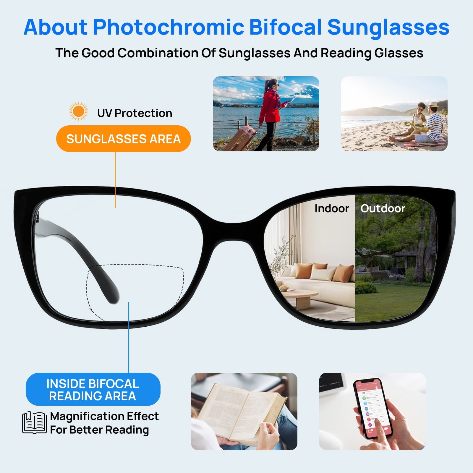 OCCI CHIARI Photochromic Bifocal Reading Glasses for Womens,Large Square Blue Light Blocking & UV400 Protection Sunglasses Readers 1.0 1.5 2.0 2.5 3.0 3.5 4.0(Black +200)