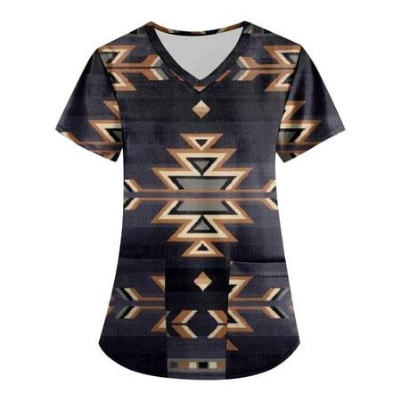 

TQWQT Women Aztec Prined Scrubs Plus Size Short Sleeve V Neck Printed Nursing Uniform Western Ethnic Graphic Scrub Tops