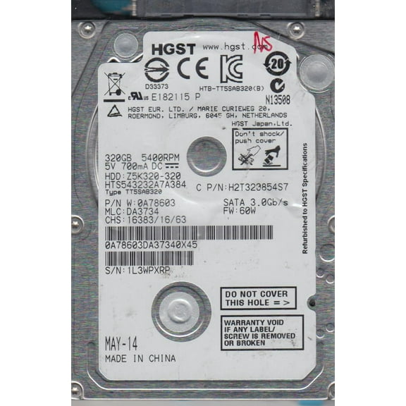 HTS543232A7A384, PN 0A78603, MLC DA3734, Hitachi 320GB SATA 2.5 Hard Drive