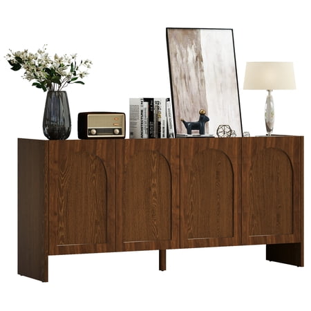 Sideboard Credenza with Solid Wood Arched Doors Mid-Century Modern Walnut Buffet with Soft-Close Hinges Adjustable Shelves and Cable Management for Living Room or Dining Room