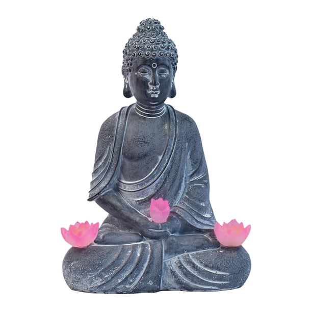 Estatua de Buda para jardín con luces solares, decoración creativa para inauguración de casa. Sentado Gris Oscuro