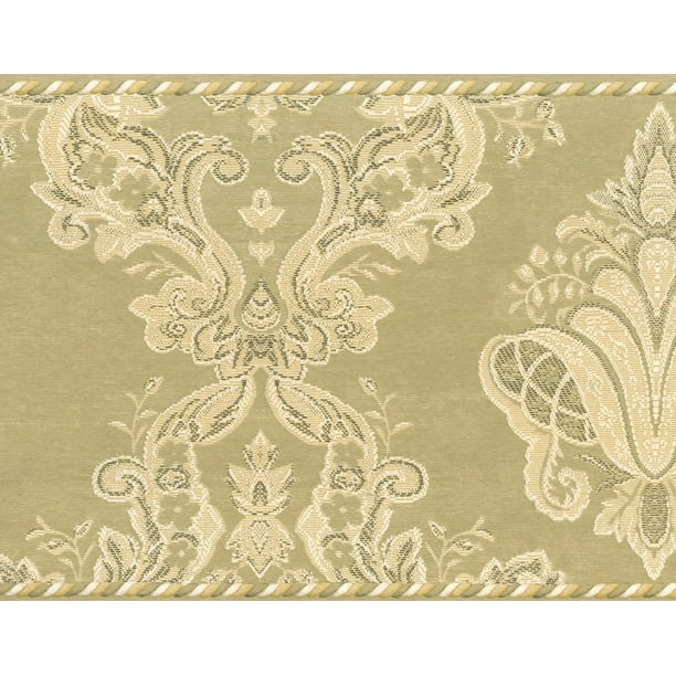Prepasted Wallpaper Border Damask Gold, Green Vines, Scrolls Wall