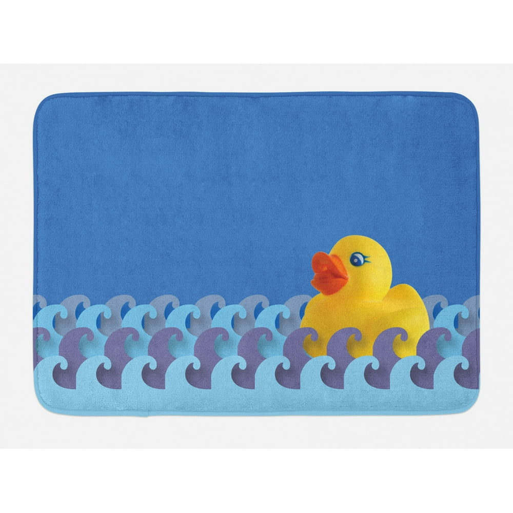 Rubber Duck Bath Mat, Rubber Duck Floating on Paper Seem Water Waves