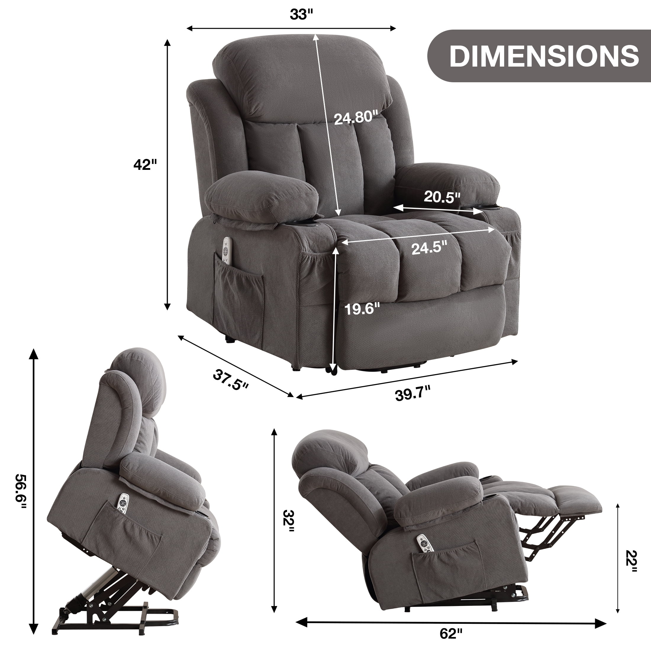 Segmart Electric Power Lift Overstuffed Fabric Recliner Chair with USB Port, Gray