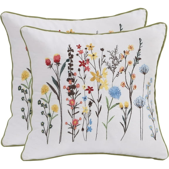 Tosleo Wildflower Spring Pillow Covers 18 x 18 inch Pack of 2 Flowers Embroidered Decorative Pillowcases Square Throw Pillow Covers Farmhouse Pillow Cushion Cases Boho Home Decor Floral Pillow Case