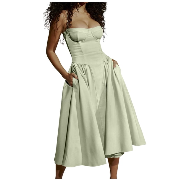 Vestido sin mangas y sin espalda para mujer - Vestido largo de color liso con corte en A, poliéster, ropa de fiesta y playa