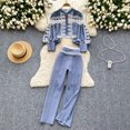 thumbnail image 4 of Conjunto de pantalones de dos piezas para mujer, Blusa de manga acampanada de retazos de encaje hueco a la moda, pantalones adelgazantes informales de cintura alta, otoño, 4 of 5