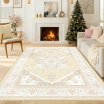 Newburos Area Rug 8'x10', Non-Slip Machine Washable Rugs for Living Room Bedroom, Low Pile Soft Vintage Print Pattern Indoor Carpet, Cream