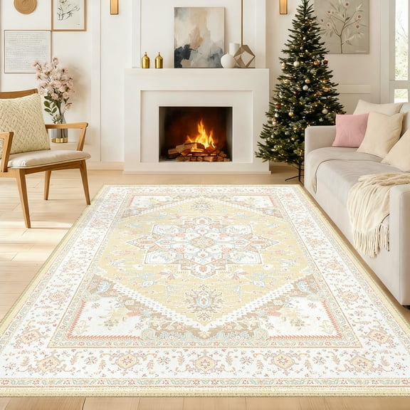 Newburos Area Rug 8'x10', Non-Slip Machine Washable Rugs for Living Room Bedroom, Low Pile Soft Vintage Print Pattern Indoor Carpet, Cream