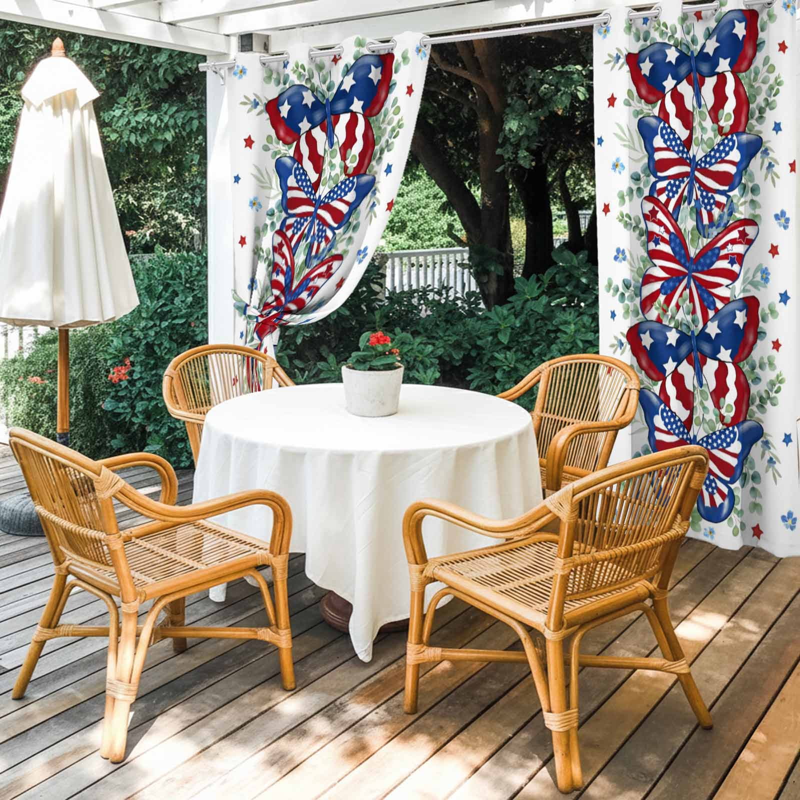Independence Day Butterfly Outdoor Curtains for Patio, Country American Flag Butterfly Star Green Leaf Sunshade Privacy Drapes Grommet Waterproof Outside Curtains for Porch Balcony 54"x108", 1 Panel