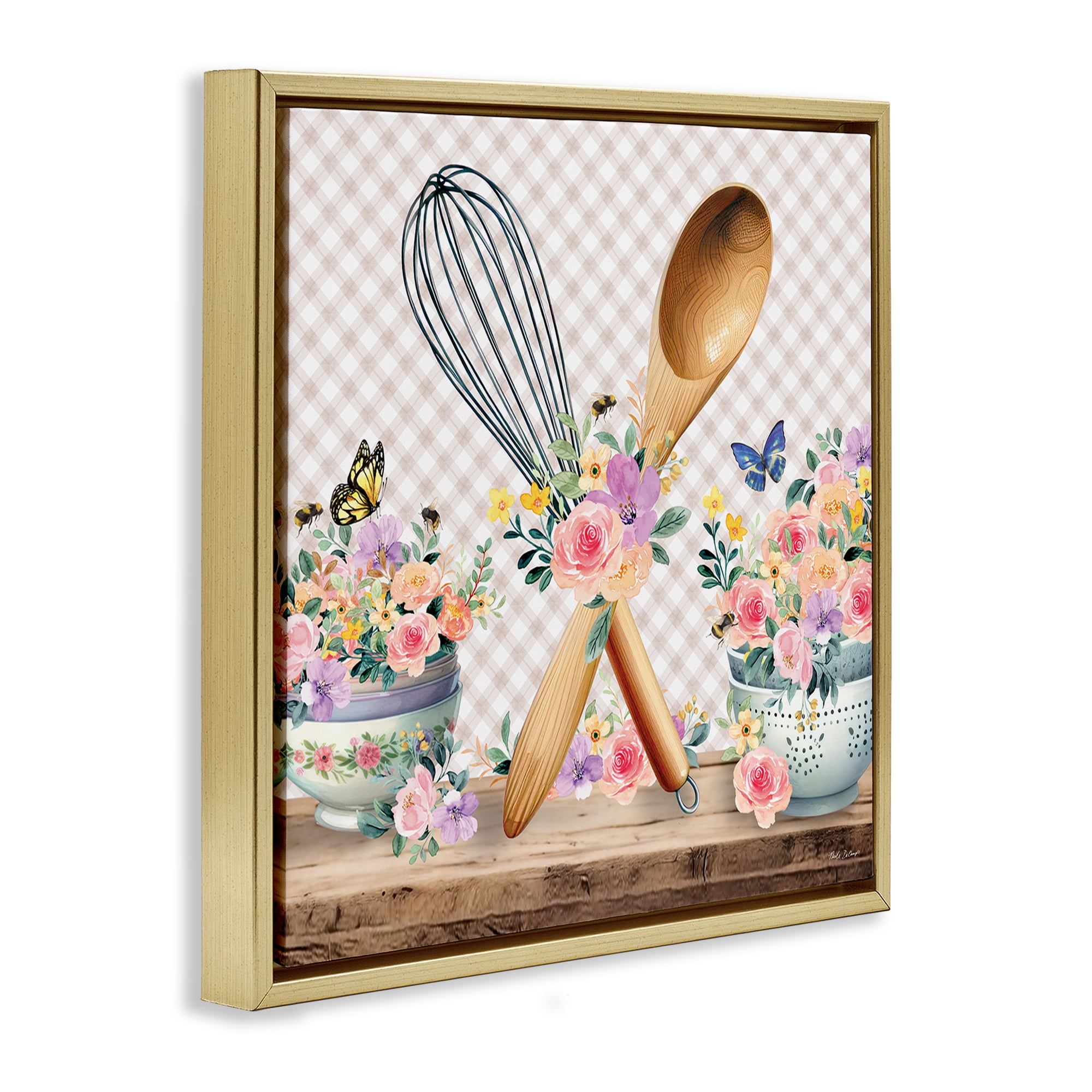 Stupell Industries Crossed Utensils on Gingham Food & Beverage Painting Gold Floater Framed Canvas Art Print Wall Art, 25 x 25