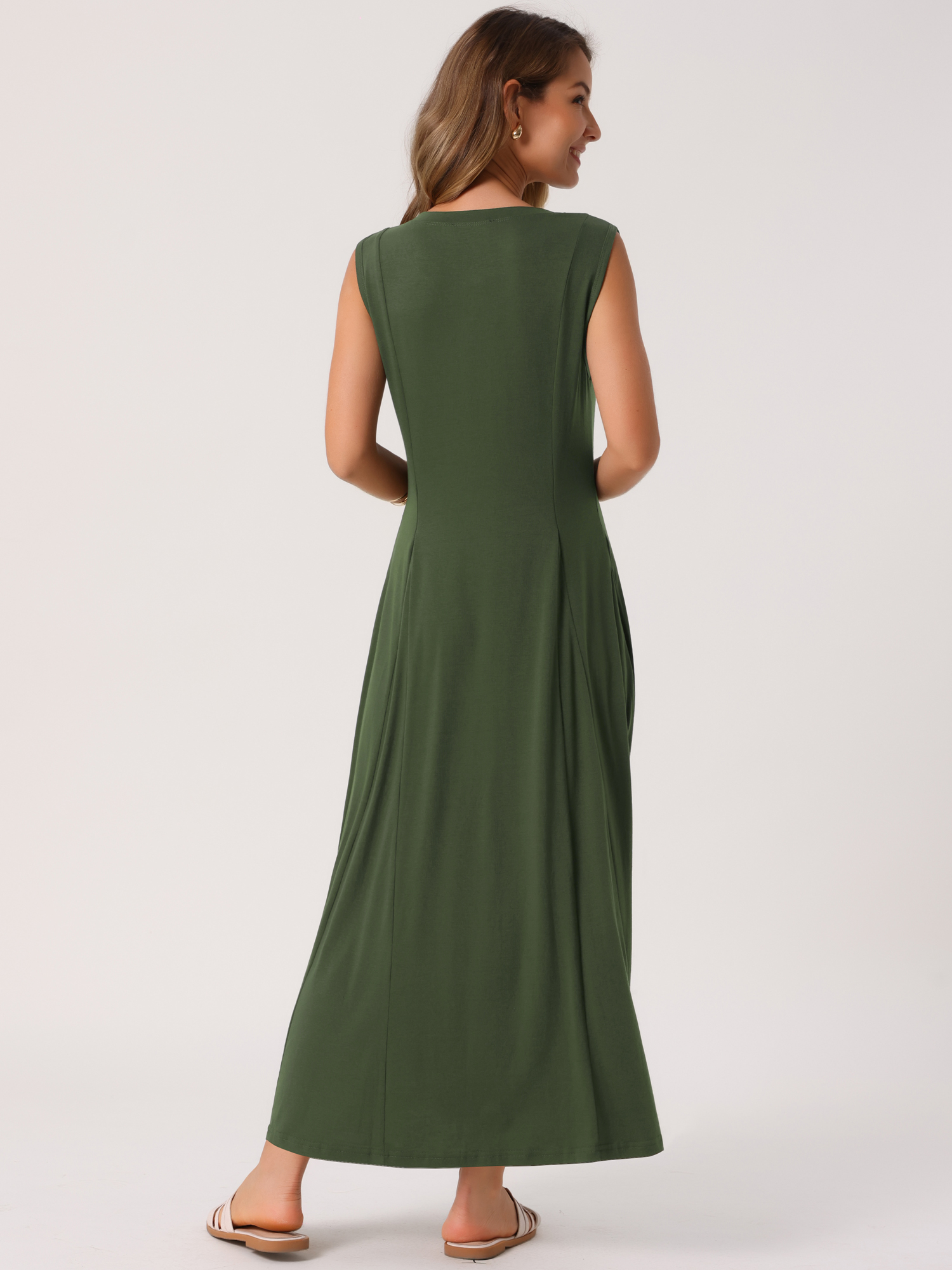 DARING DIVA Sleeveless Button A-Line Casual Maxi Dress M Army Green