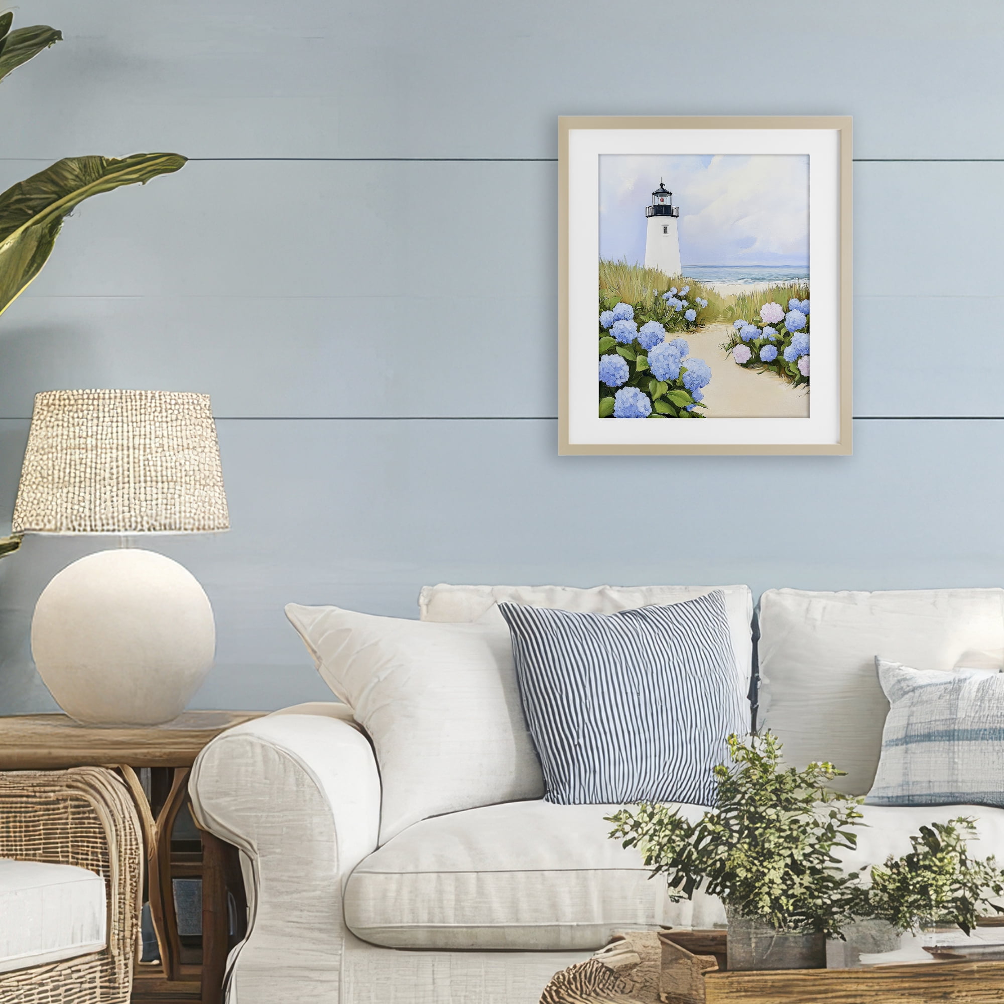 Stupell Industries Hydrangea Path Leading to Lighthouse Birch Framed Print Under Glass, design by Sisi and Seb