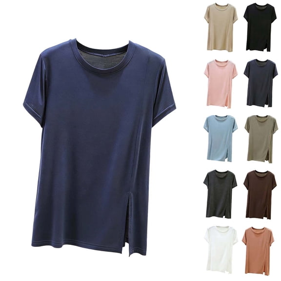 Rvasteizo Blouses for Women Fashion Short Sleeve Round Neck Summer Solid Side Slit Casual Light Ladies Daily Relaxed Shirt Top