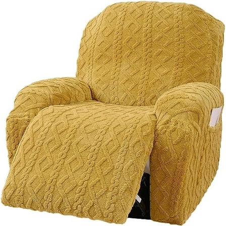 XmhyTop 4 Pieces Geometric Jacquard Plush Recliner Slipcovers Soft Fuzzy Fluffy Sofa Couch Cover Anti-Slip Furniture Protector with Elastic Bottom for Kids Cats Dogs(Yellow,1 Seat)